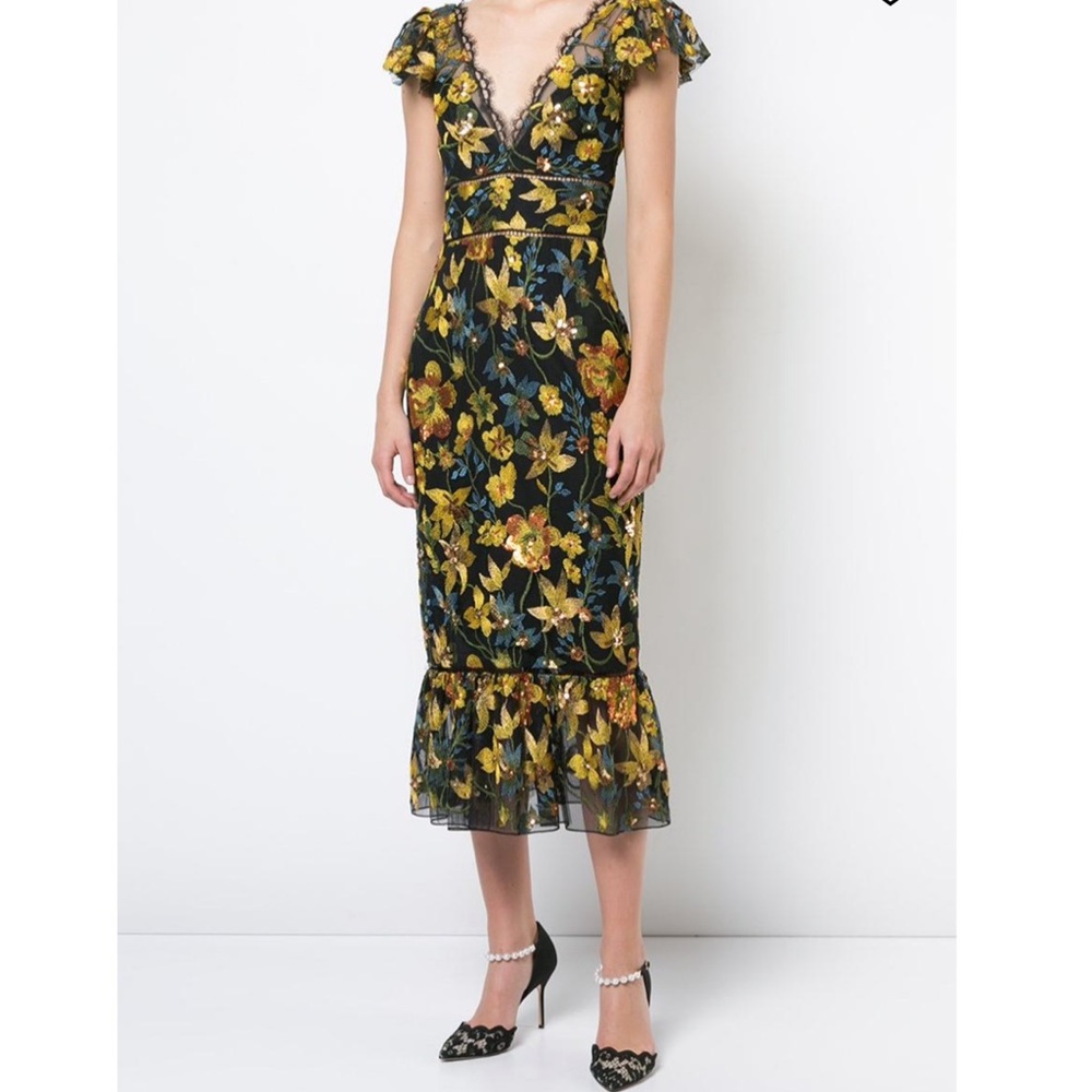 NWT | MARCHESA | Cocktail Dress Midi Length Cap Sleeve Embroidered Lace Size 4